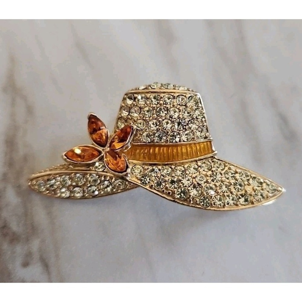 Vintage‎ Monet Hat Brooch Clear and Orange Rhinestones Gold Tone